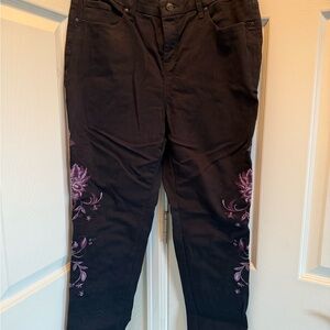 Chico's Black Jeans with Purple Embroidery